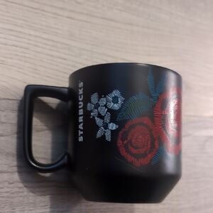 Starbucks Black Mug with Red and Blue Floral Pattern